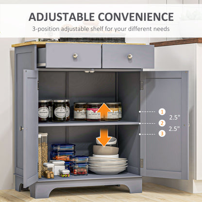 Kitchen Floor Cabinet Side Storage Cupboard Multi-Use Sideboard Table with Solid Wood Top, Adjustable Shelf, Drawer for Dining Room, Living Room, Hallway, Grey