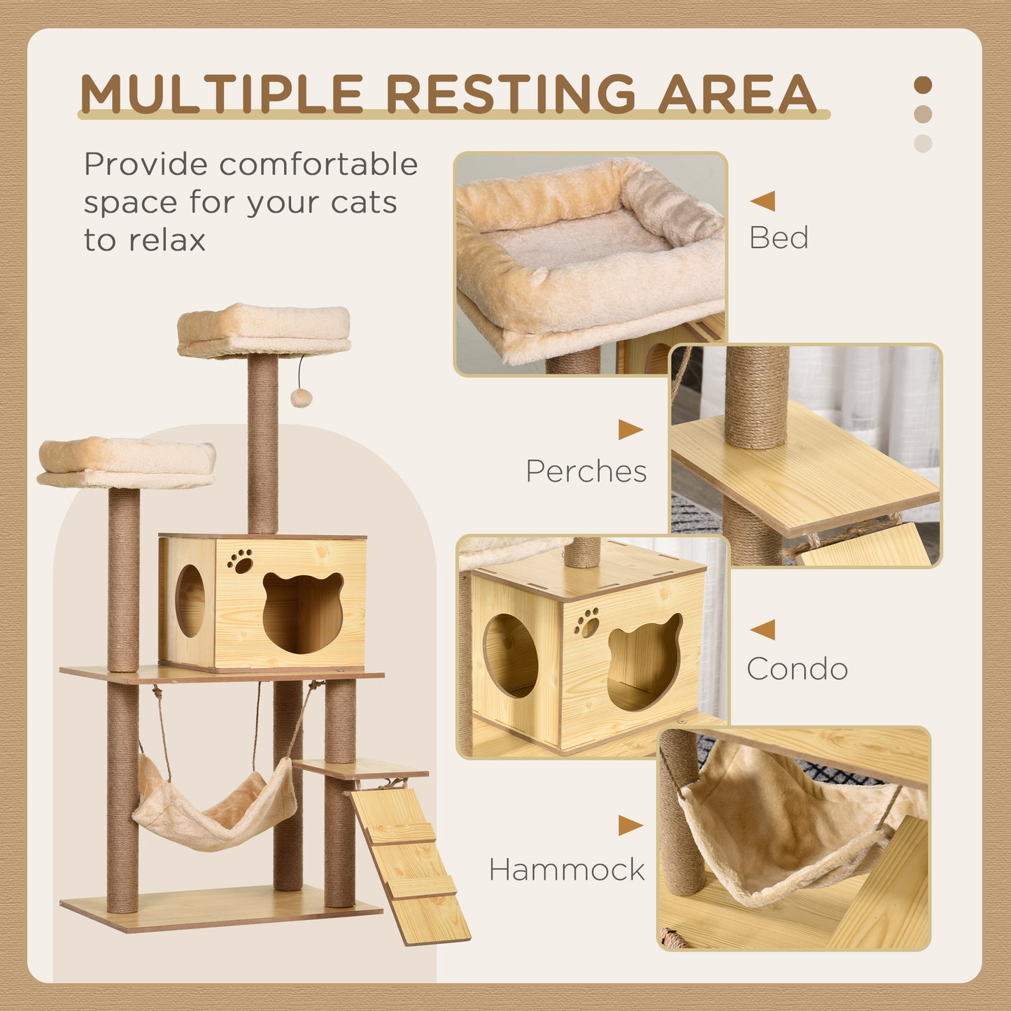 130cm Cat Tree for Large Cats with Scratching Posts Toy Ball Yellow