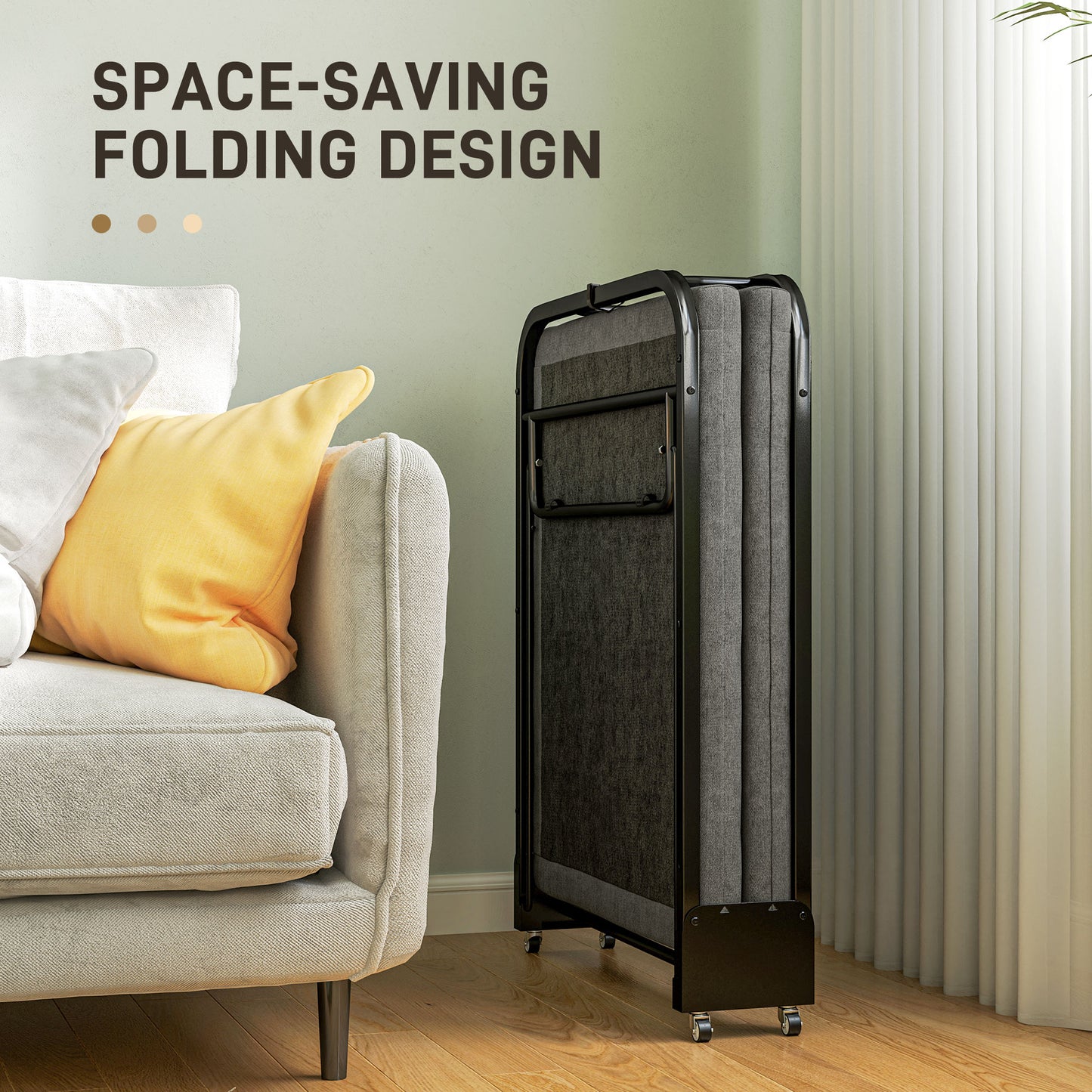 Single Folding Bed with Mattress Foldable Guest Bed on Wheels, Grey