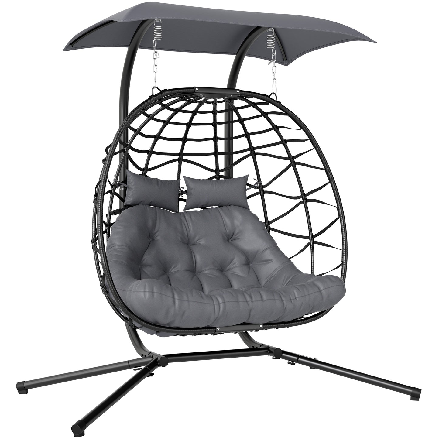 Rattan Double Hanging Egg Chair with Canopy, Cushion, Black