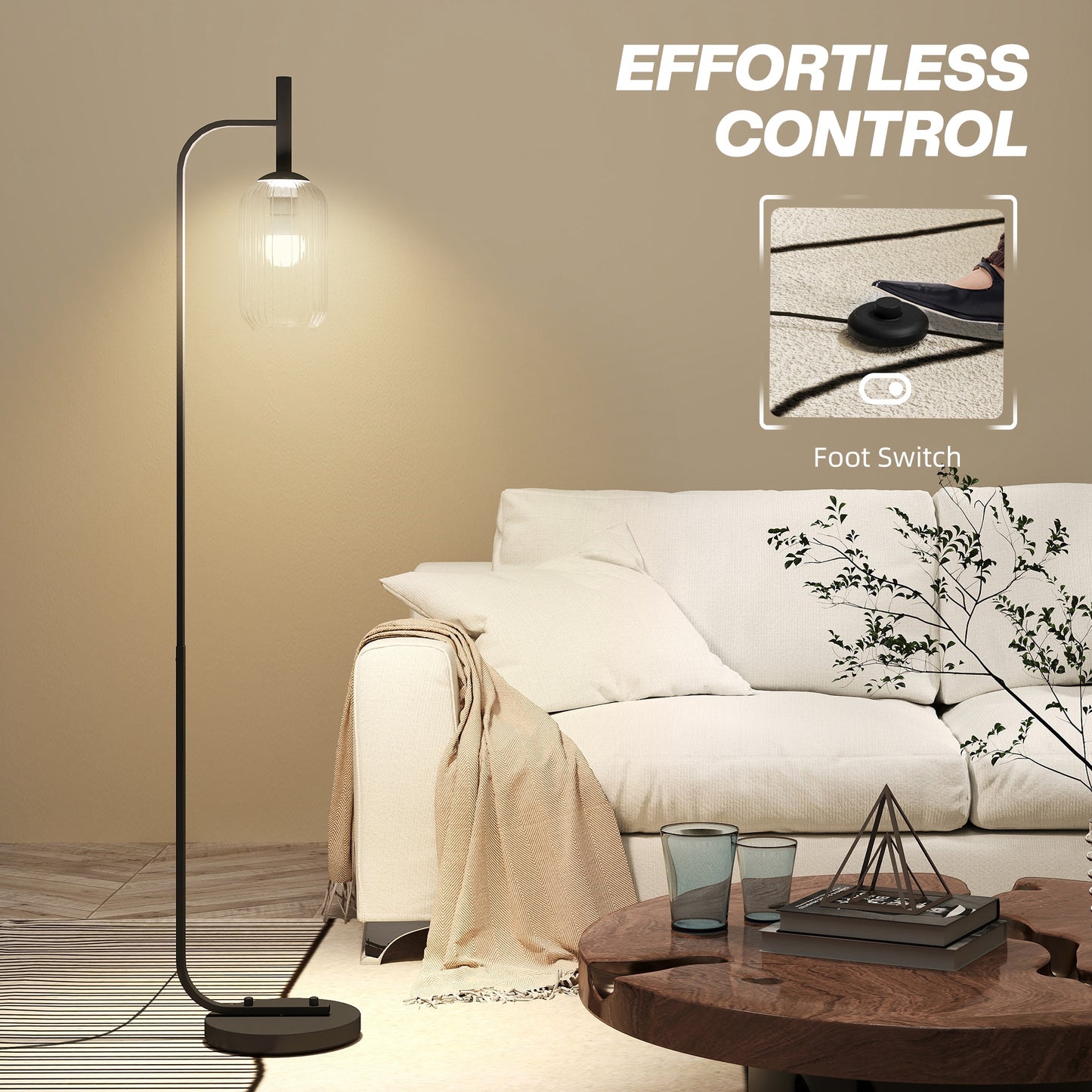 Modern Floor Lamp with Glass Lampshade, Foot Switch for Living Room
