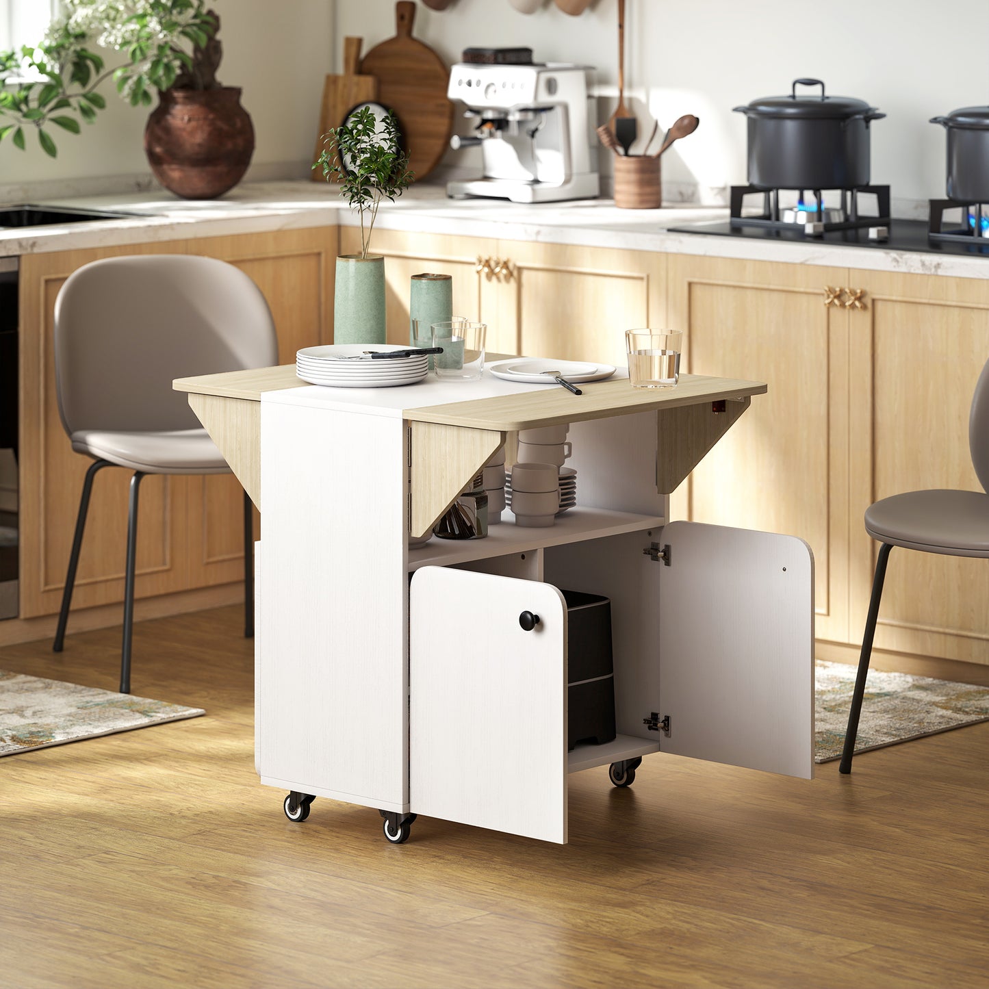 Folding Dining Table, Rolling Drop Leaf Table with Hidden Shelf