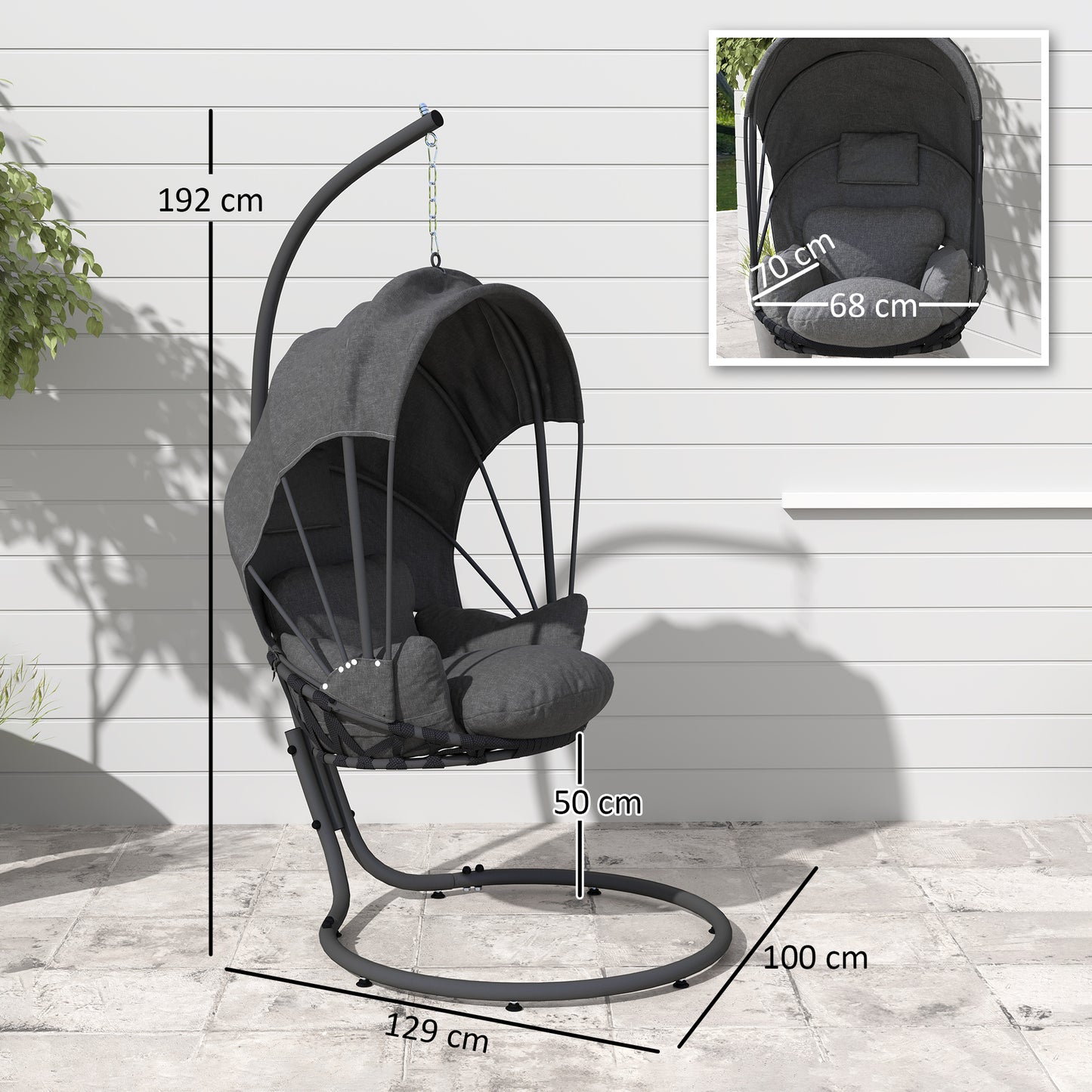 Hanging Egg Chair w/ Stand Retractable Canopy, Grey