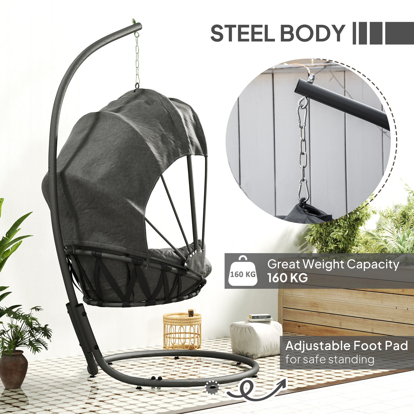 Hanging Egg Chair w/ Stand Retractable Canopy, Grey