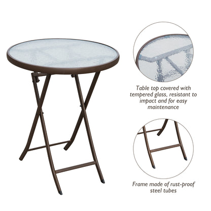 Rattan Bistro Set 2-Seater Garden Furniture Folding Rattan Chair Glass Topped Coffee Table Patio Balcony Wicker Furniture, Brown
