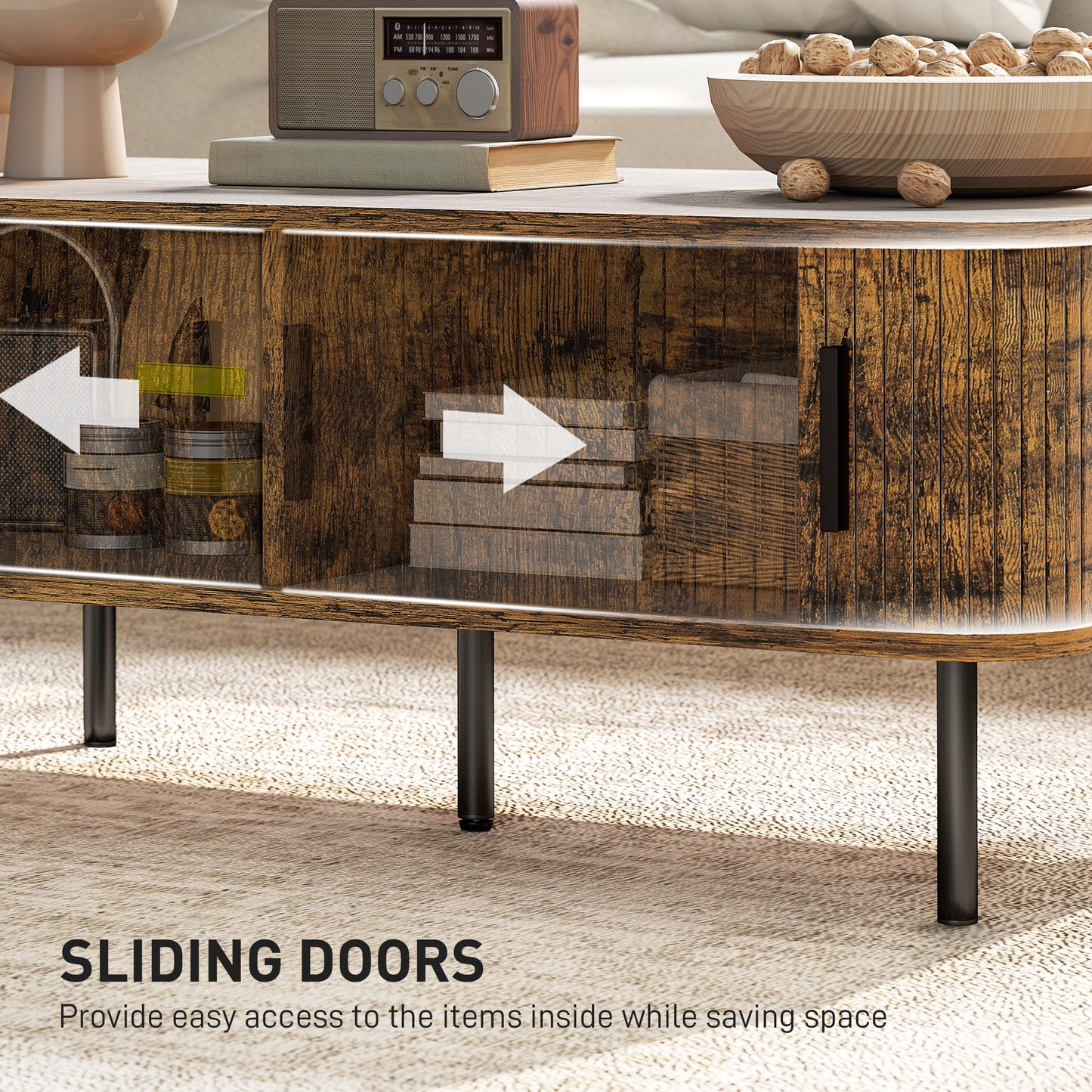 Coffee Table with Storage and Sliding Doors for Living Room, Brown