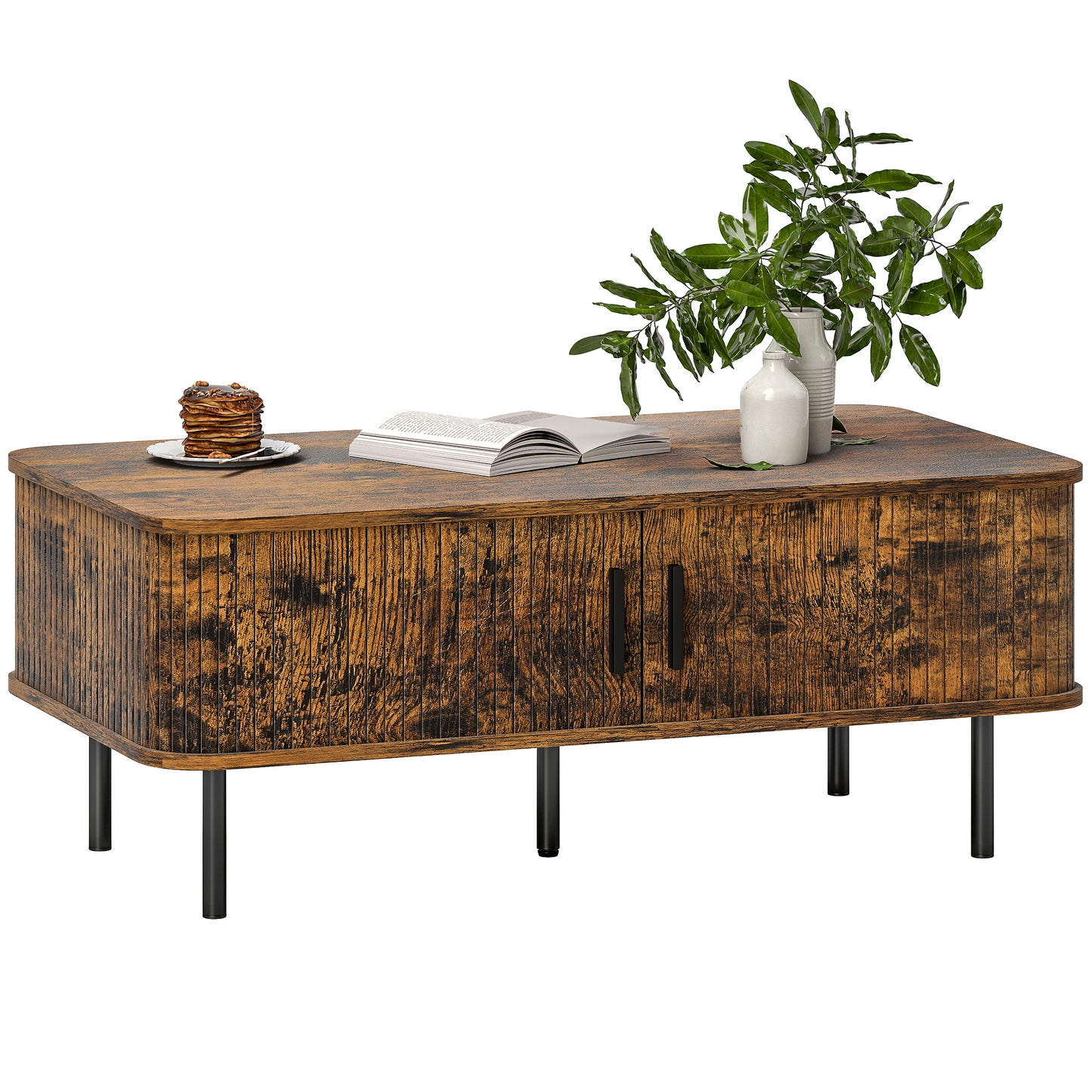 Coffee Table with Storage and Sliding Doors for Living Room, Brown