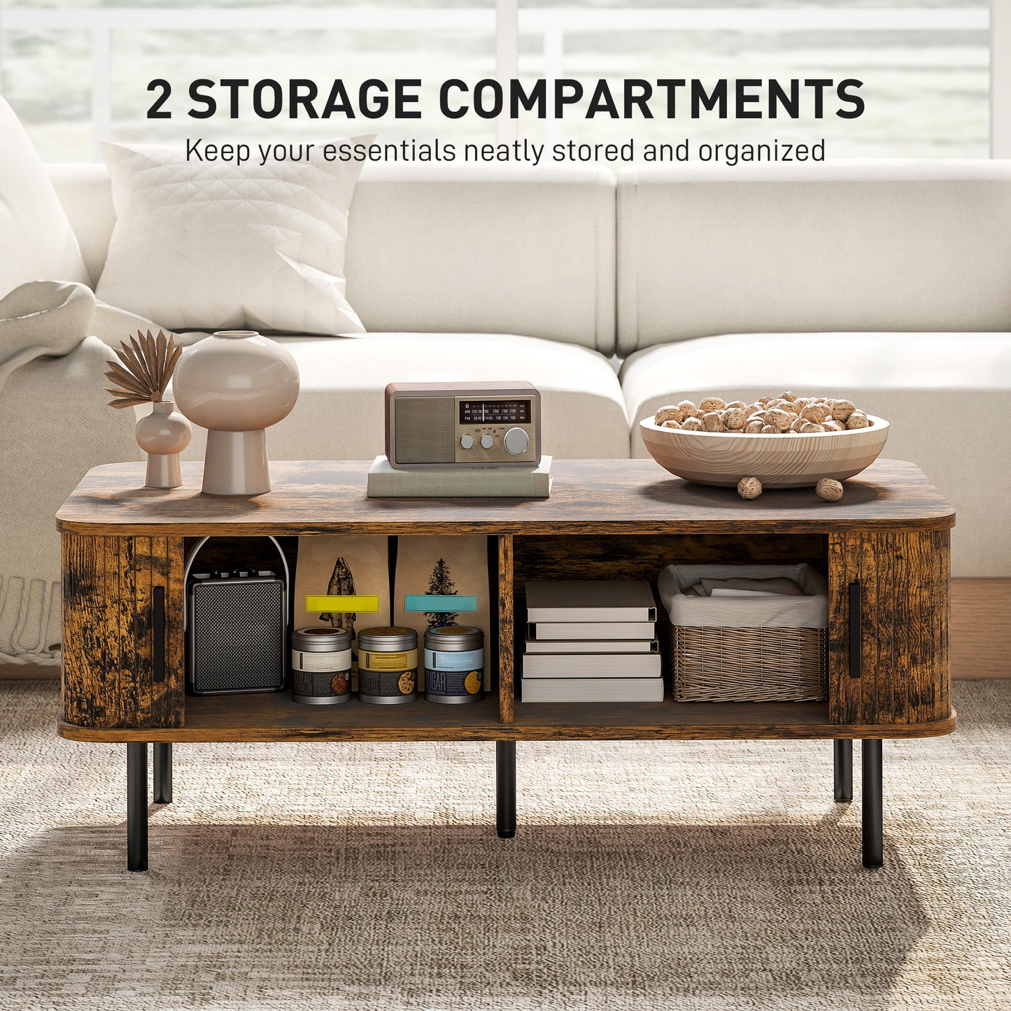Coffee Table with Storage and Sliding Doors for Living Room, Brown