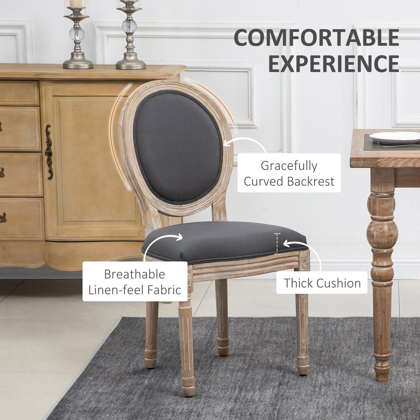 French-Style Dining Chairs Set of 2 with Linen Upholstery, Grey