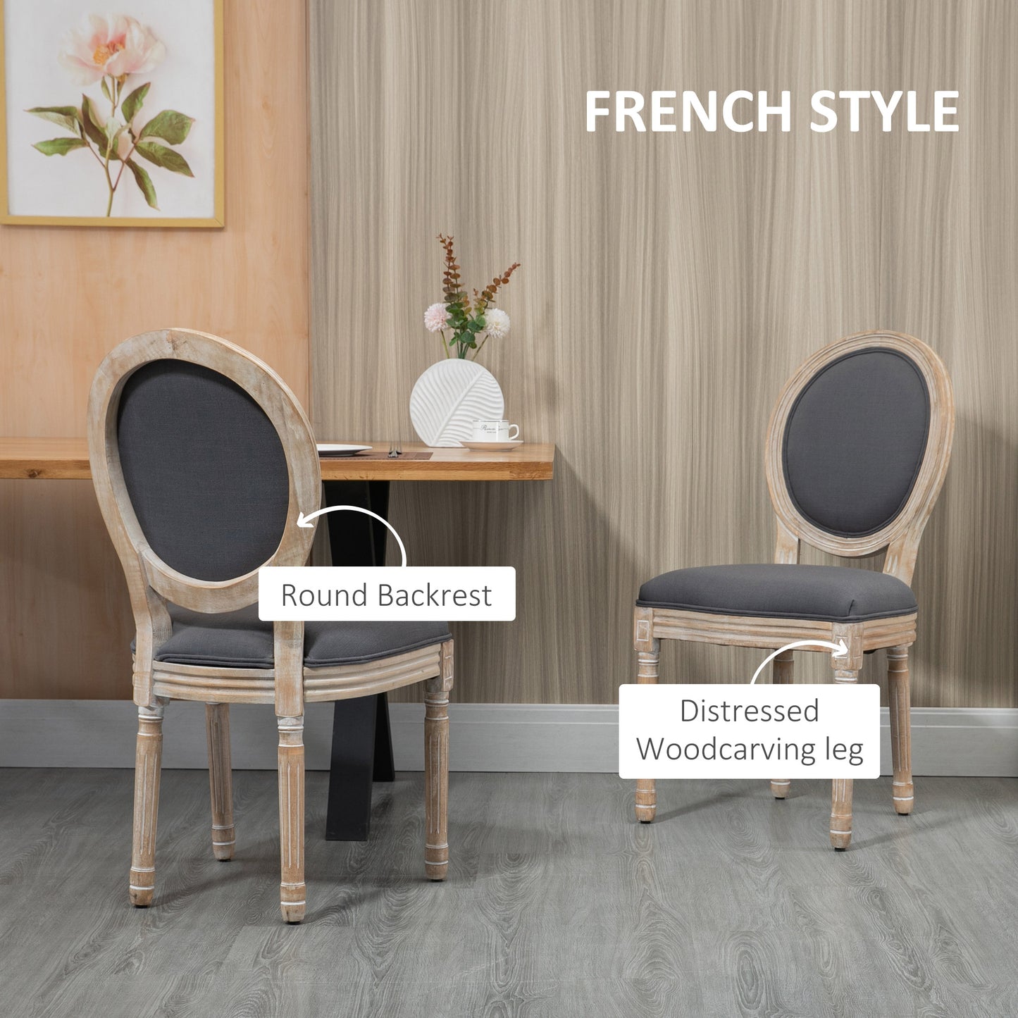 French-Style Dining Chairs Set of 2 with Linen Upholstery, Grey