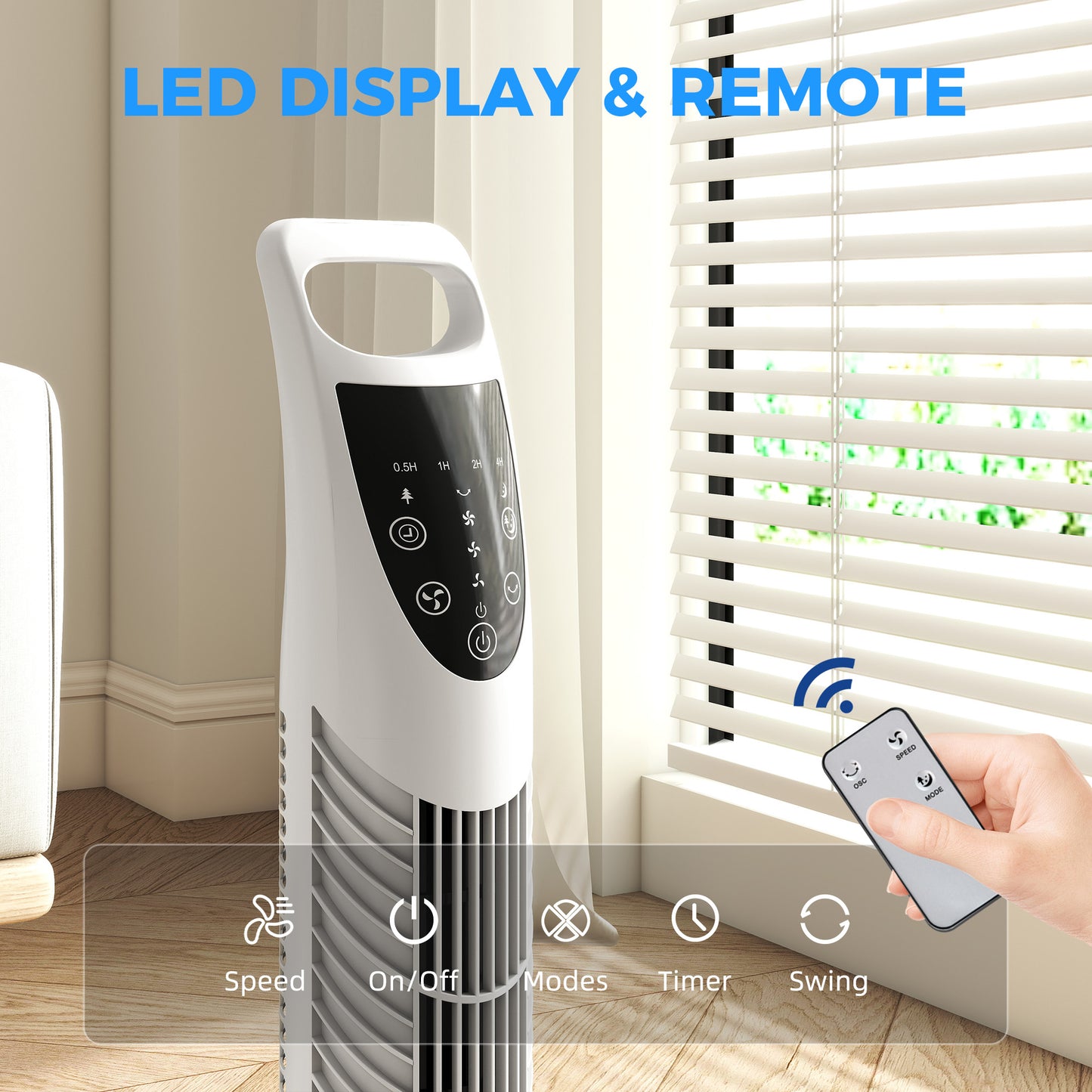78.5cm Oscillation Tower Fan with Remote Control 3-Speed Wind White