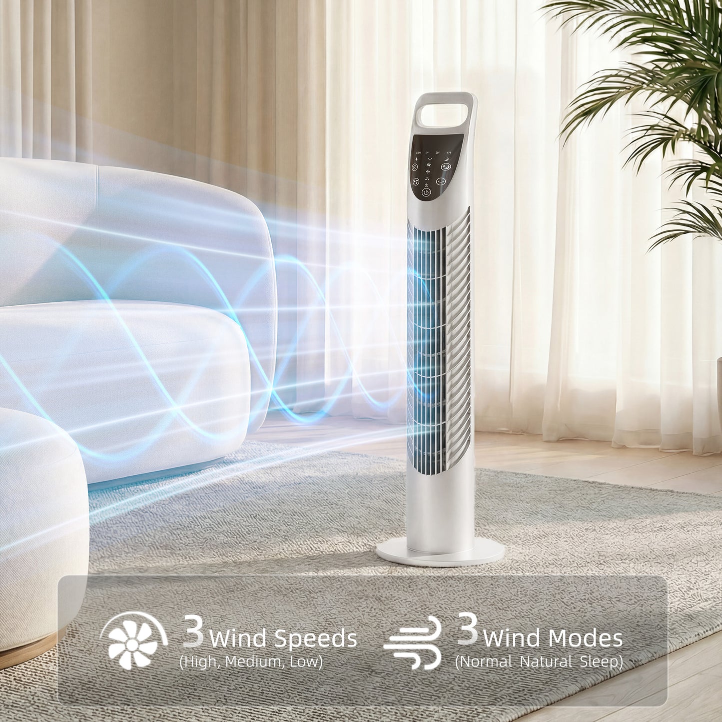 78.5cm Oscillation Tower Fan with Remote Control 3-Speed Wind White