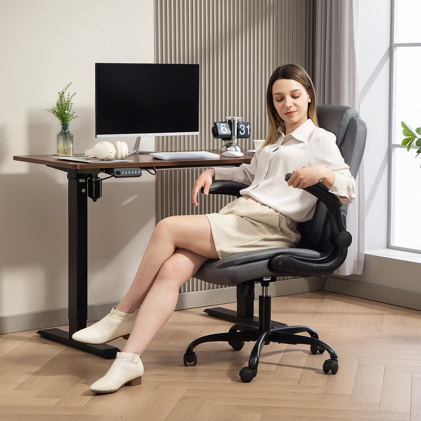 PU Leather Office Desk Chair with Thick Cushion, Charcoal Grey