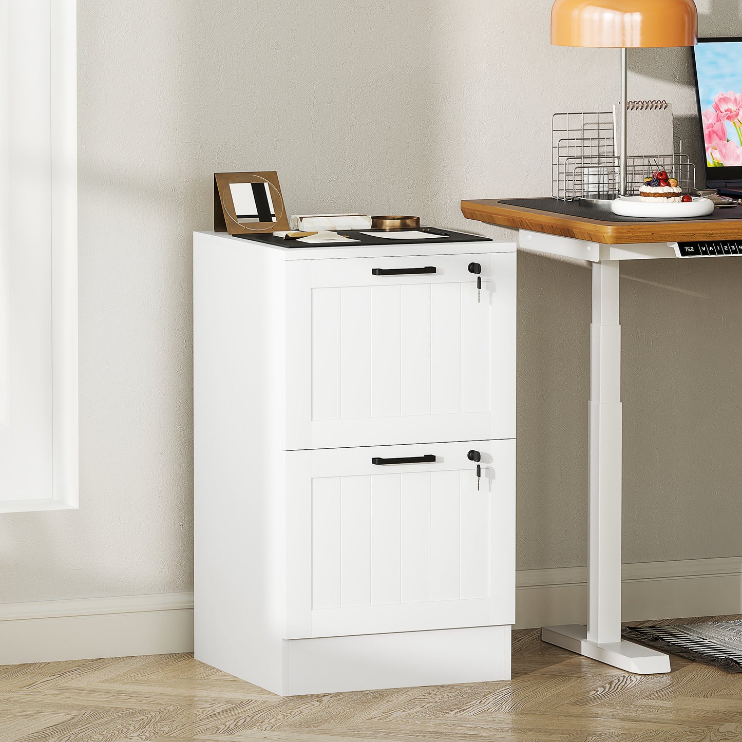 2 Drawer File Cabinet with Lock and Adjustable Hanging Bars, White