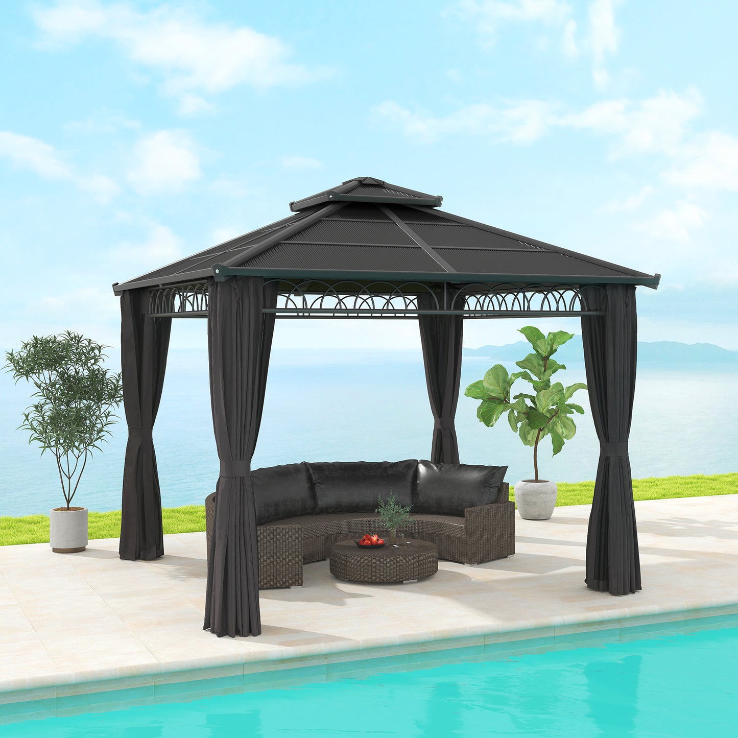 3 x 3 (m) Double Roof Hard Top Gazebo w/Nettings, Dark Grey