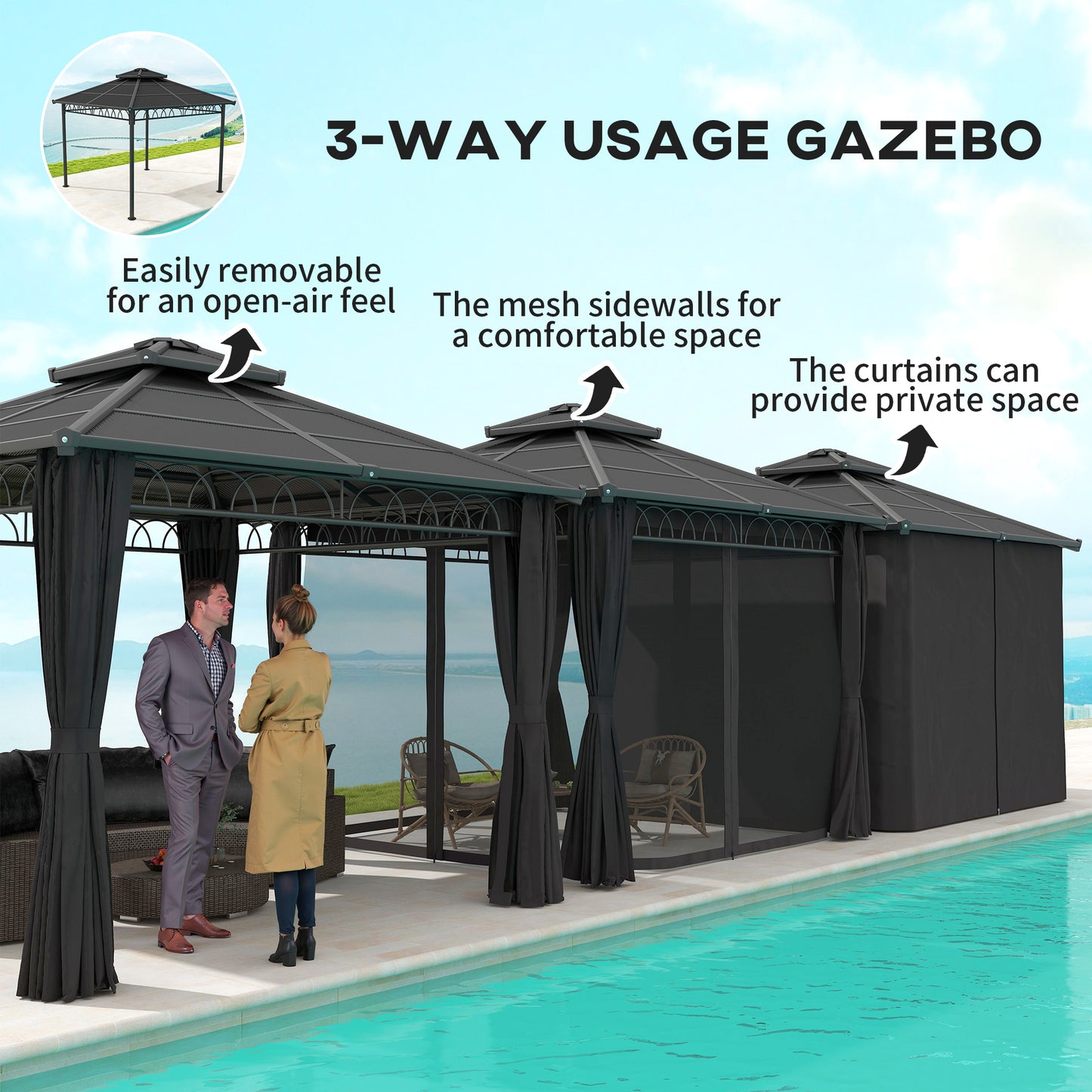 3 x 3 (m) Double Roof Hard Top Gazebo w/Nettings, Dark Grey