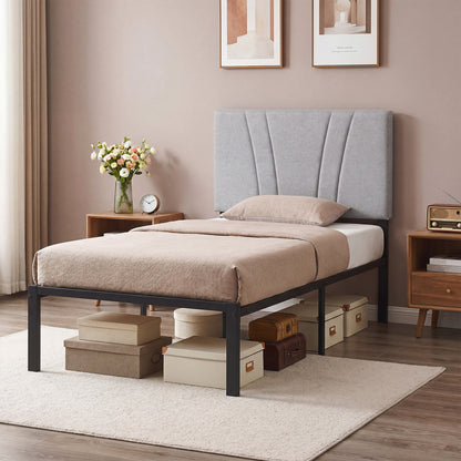 3FT Single Bed Frame with Upholstered and Padded Headboard, Metal Bed Frame with Underbed Storage and Steel Slat Support, No Box Spring Needed, Easy Assembly, Black and Light Grey
