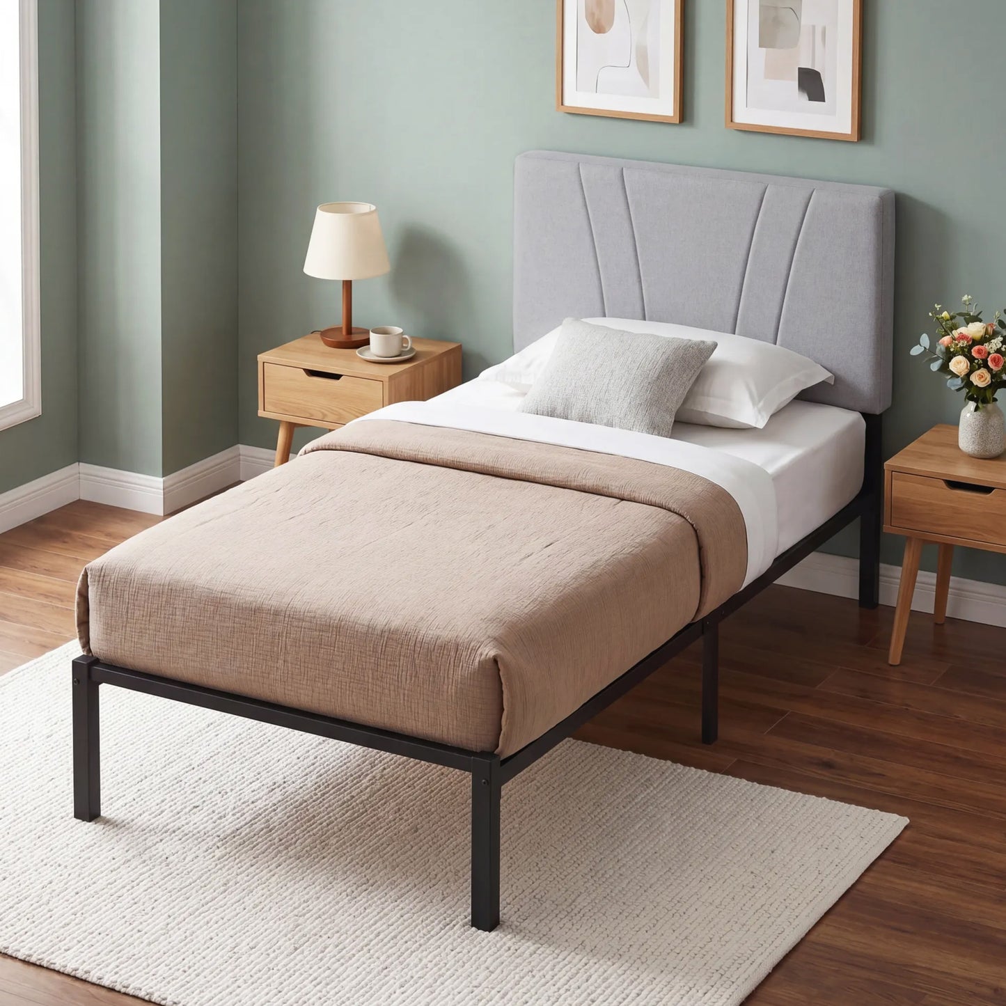 3FT Single Bed Frame with Upholstered and Padded Headboard, Metal Bed Frame with Underbed Storage and Steel Slat Support, No Box Spring Needed, Easy Assembly, Black and Light Grey