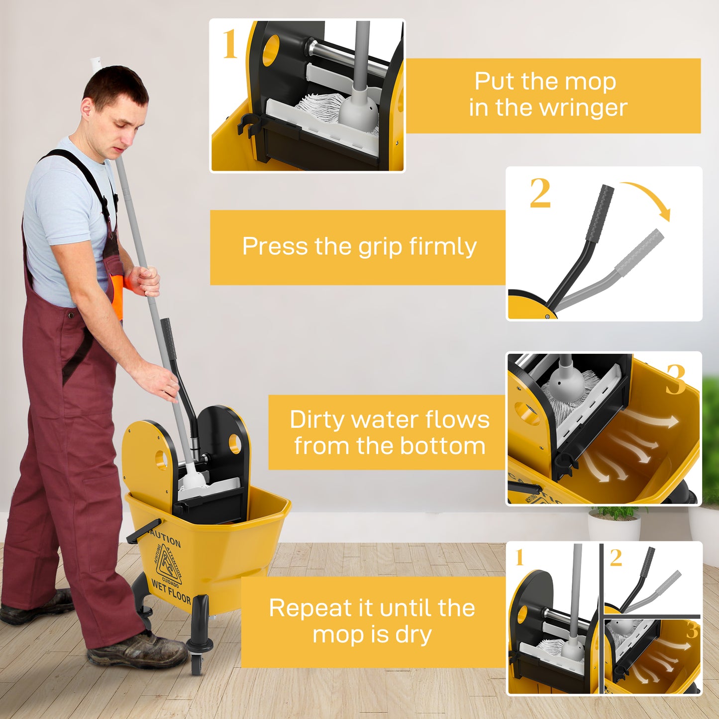 Mop Bucket with Wringer on Wheels for Floor Cleaning 26 Litre Yellow