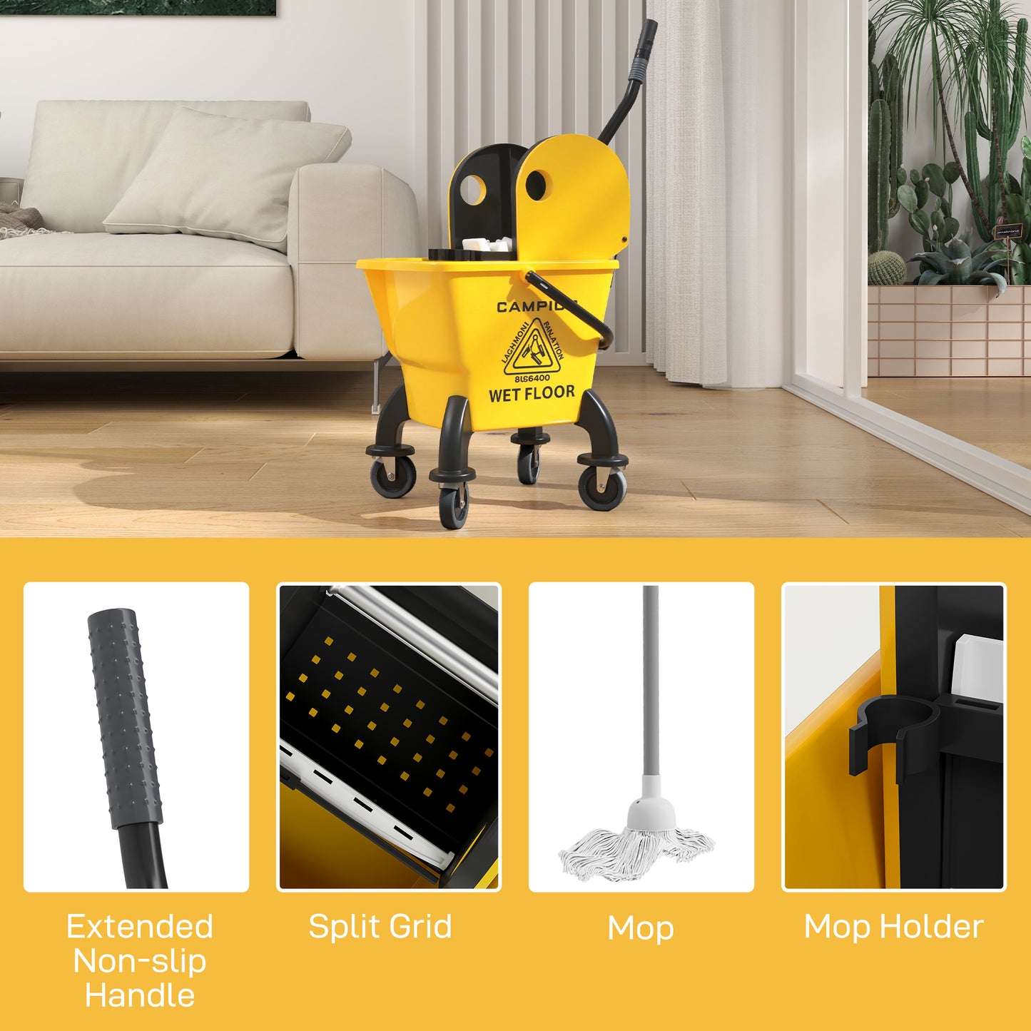 Mop Bucket with Wringer on Wheels for Floor Cleaning 26 Litre Yellow