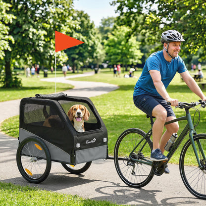 Dog Bike Trailer, Pet Cart Bicycle Carrier for Small and Medium Pets with 20" Inflatable Rubber Wheels, Universal Bicycle Coupler, Reflectors, Flag, Internal Leash, Support Up to 20kg, Grey