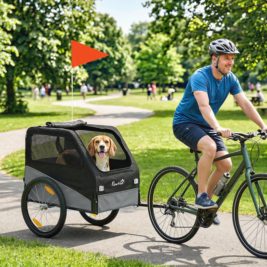 Dog Bike Trailer, Pet Cart Bicycle Carrier for Small and Medium Pets with 20" Inflatable Rubber Wheels, Universal Bicycle Coupler, Reflectors, Flag, Internal Leash, Support Up to 20kg, Grey
