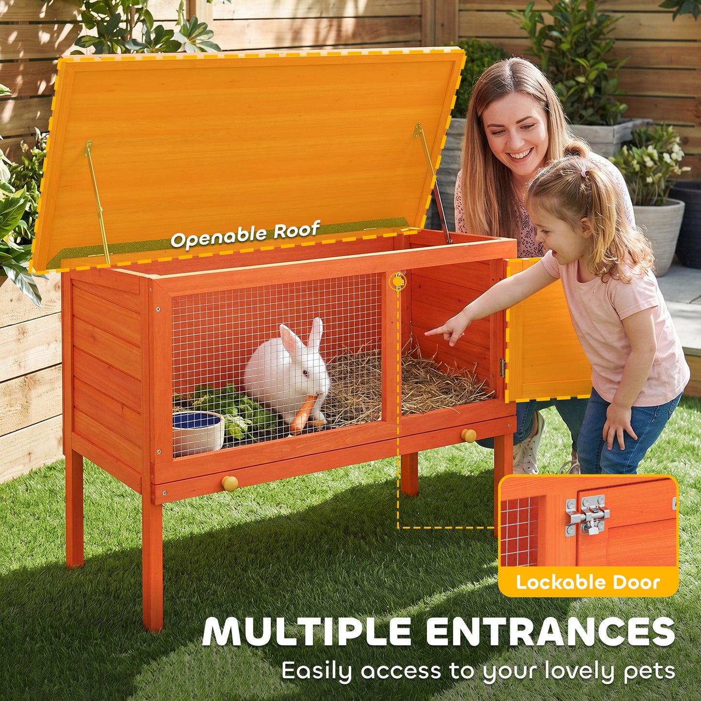Wooden Rabbit Hutch, Guinea Pig Hutch with Openable Asphalt Roof and Pull-Out Tray, Outdoor Elevated Bunny House for Rabbits, Chinchillas and Small Animals, Indoor Outdoor Use, Orange