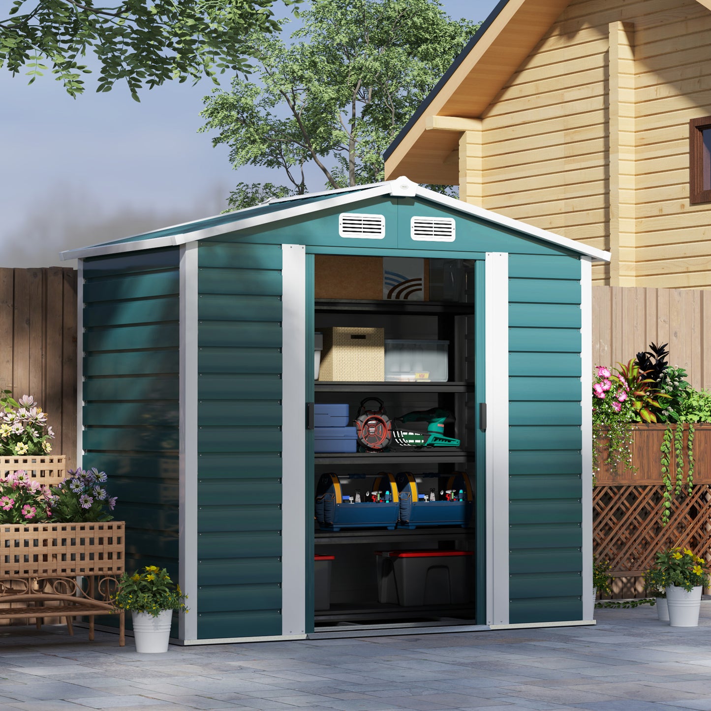 7 x 4ft Upgraded Metal Shed with Lock, Easy to Assemble, Green