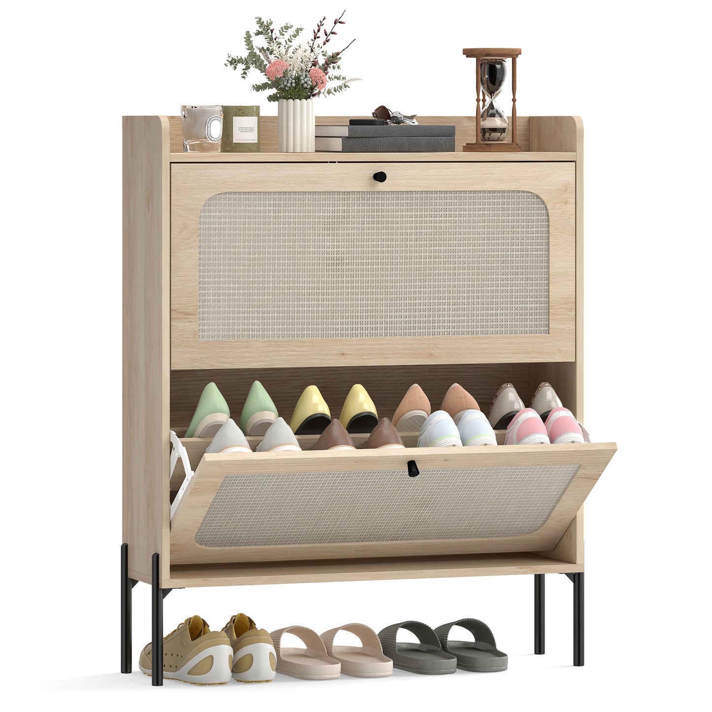 Boho Narrow Shoe Cabinet, Shoe Rack with 2 Flip Drawers, Oak