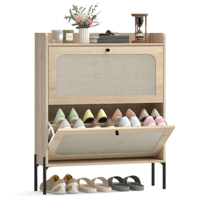 Boho Narrow Shoe Cabinet, Shoe Rack with 2 Flip Drawers, Oak