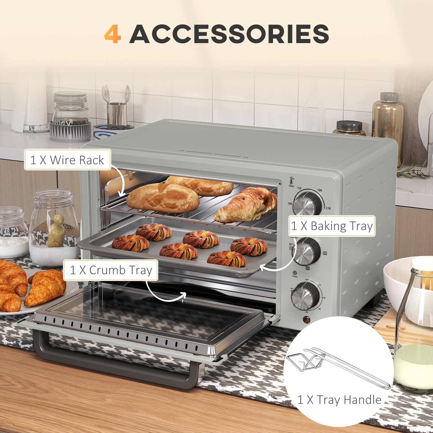 Mini Oven 21L Electric Grill w/ Adjustable Temp 1400W, Silver Tone