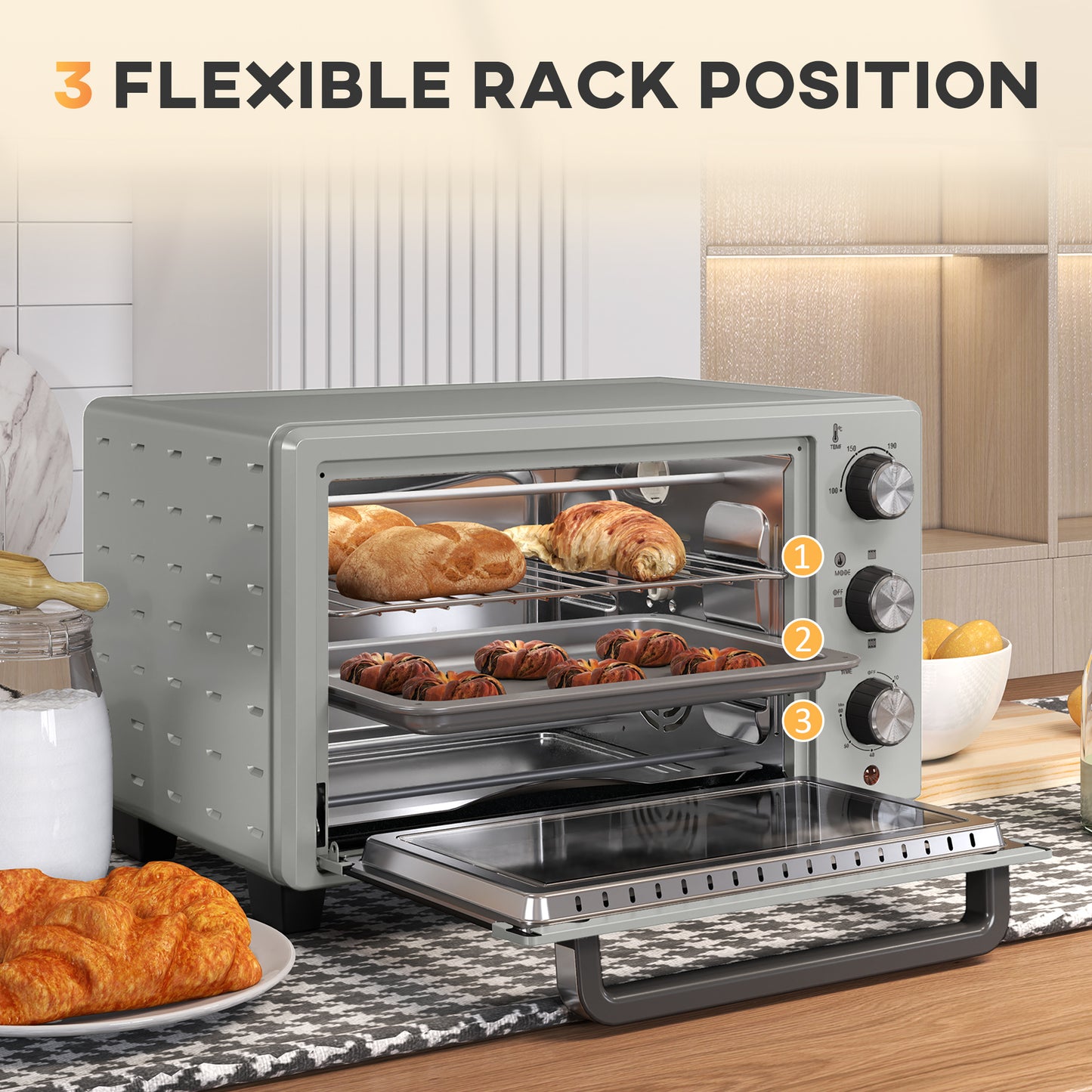 Mini Oven 21L Electric Grill w/ Adjustable Temp 1400W, Silver Tone