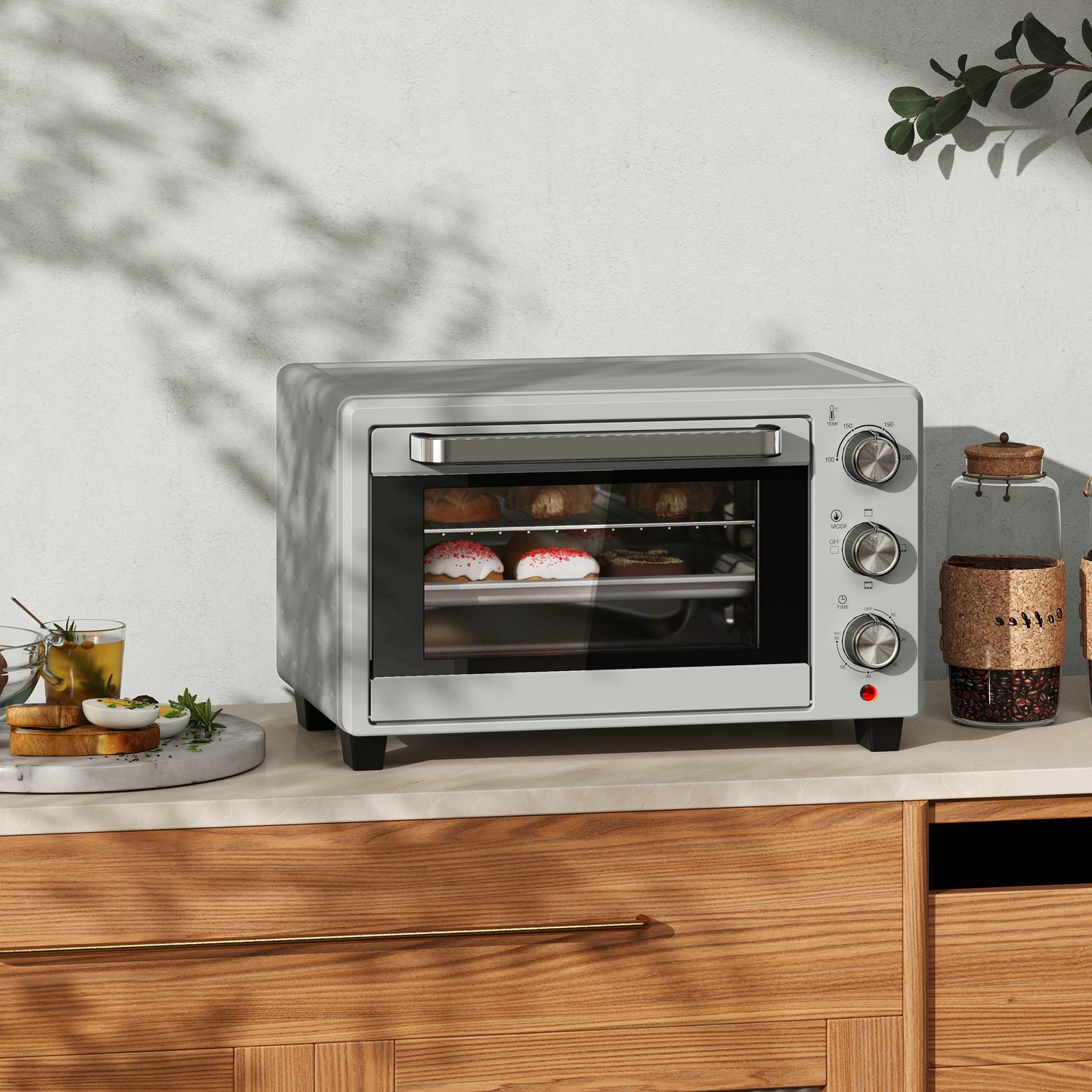 Mini Oven 21L Electric Grill w/ Adjustable Temp 1400W, Silver Tone