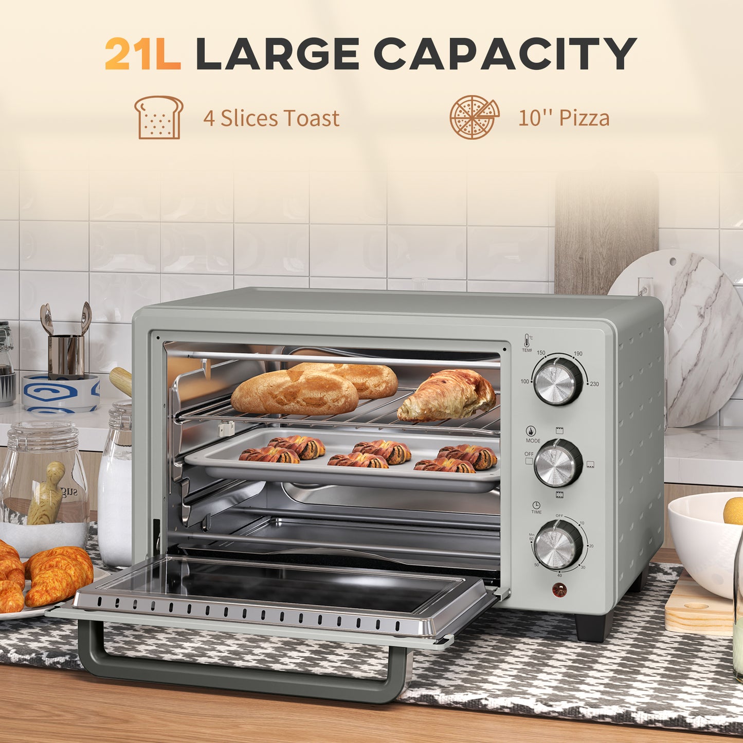 Mini Oven 21L Electric Grill w/ Adjustable Temp 1400W, Silver Tone