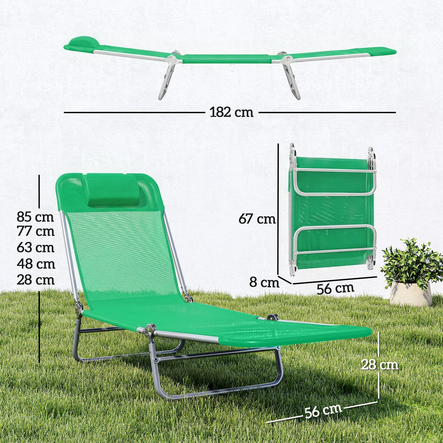 Sun Lounger Foldable Reclining Chair with Headrest Dark Green