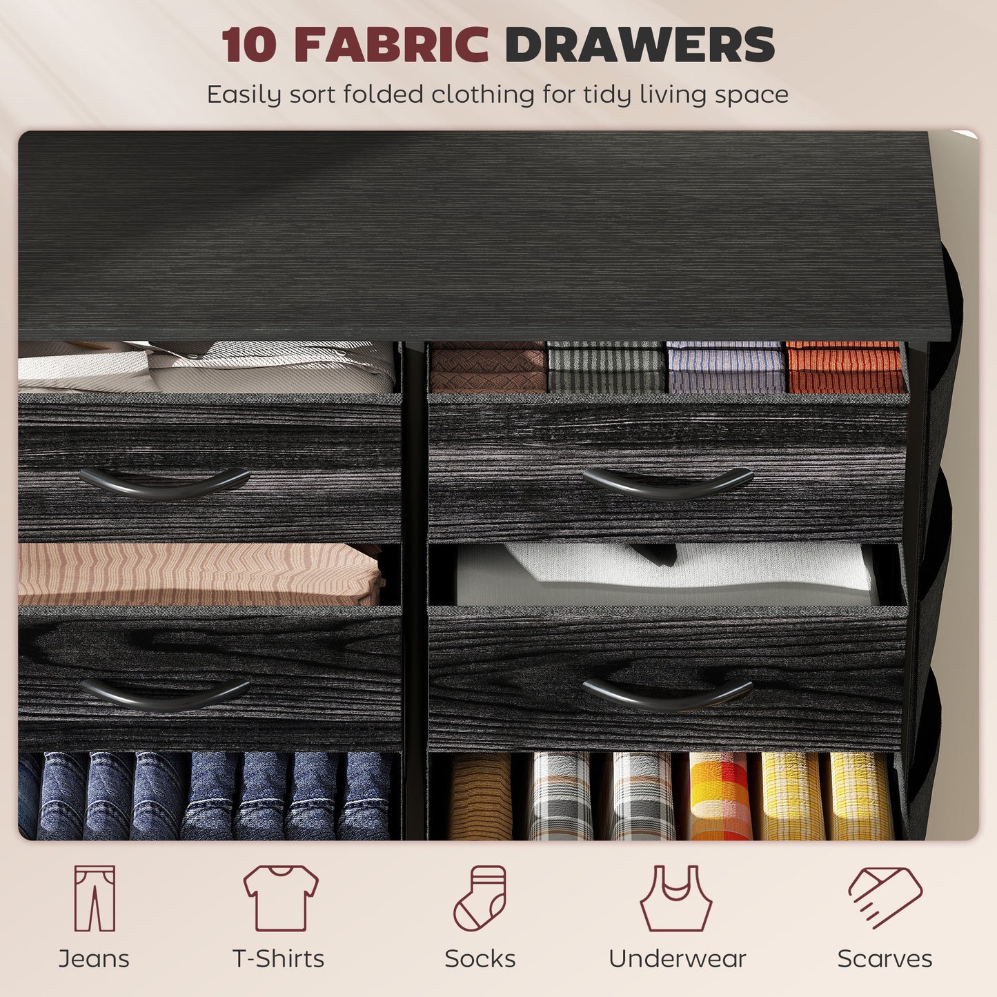 Fabric Chest of Drawers, 10 Drawer Dresser for Bedroom, Black
