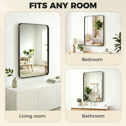 Wall Mirror with Elevated Aluminium Alloy Frame, 60 x 90 cm Bathroom Mirror with Tempered Glass for Living Room, Bedroom, Hallway, Black