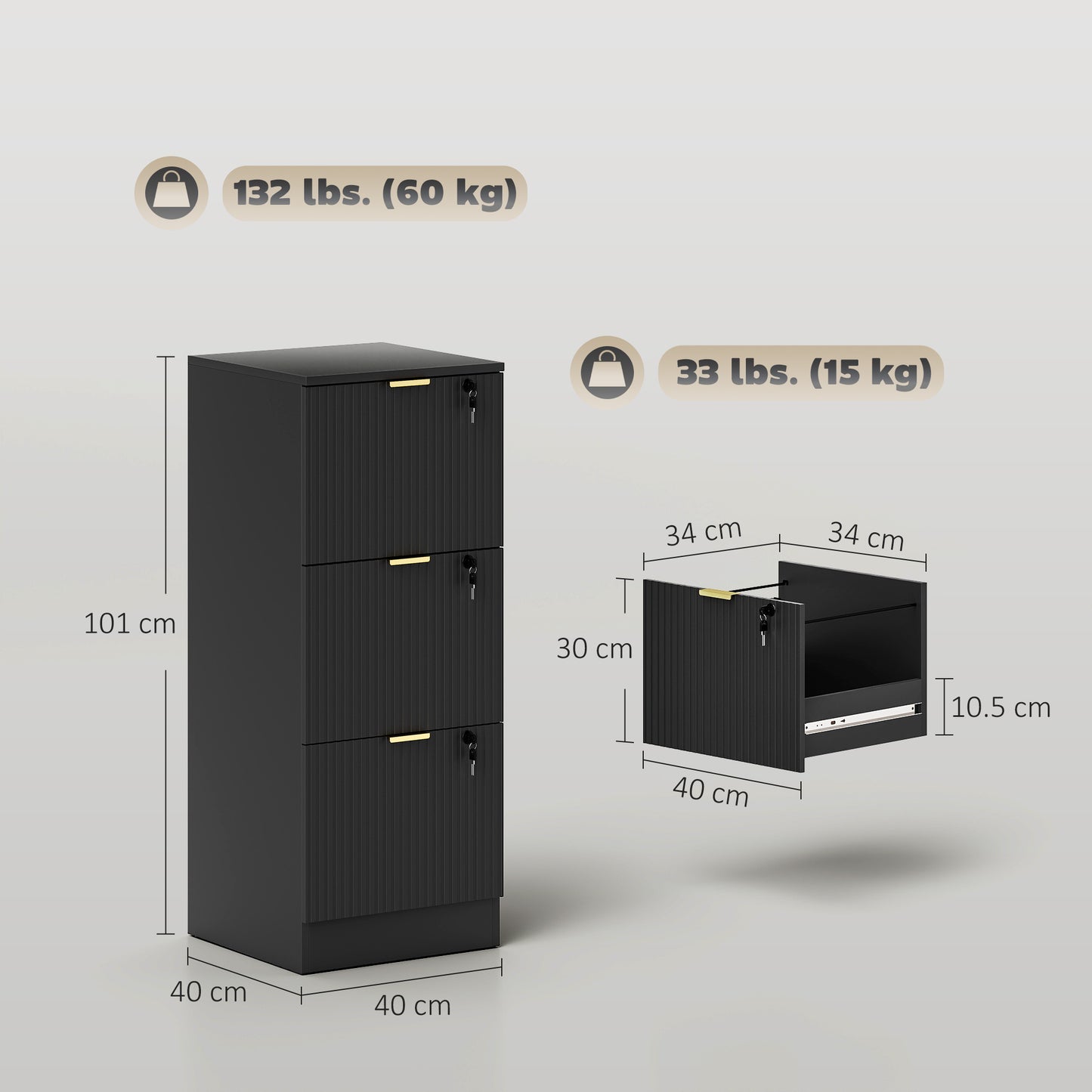 Filing Cabinet, File Cabinet with 3 Lockable Drawers and Hanging Rails