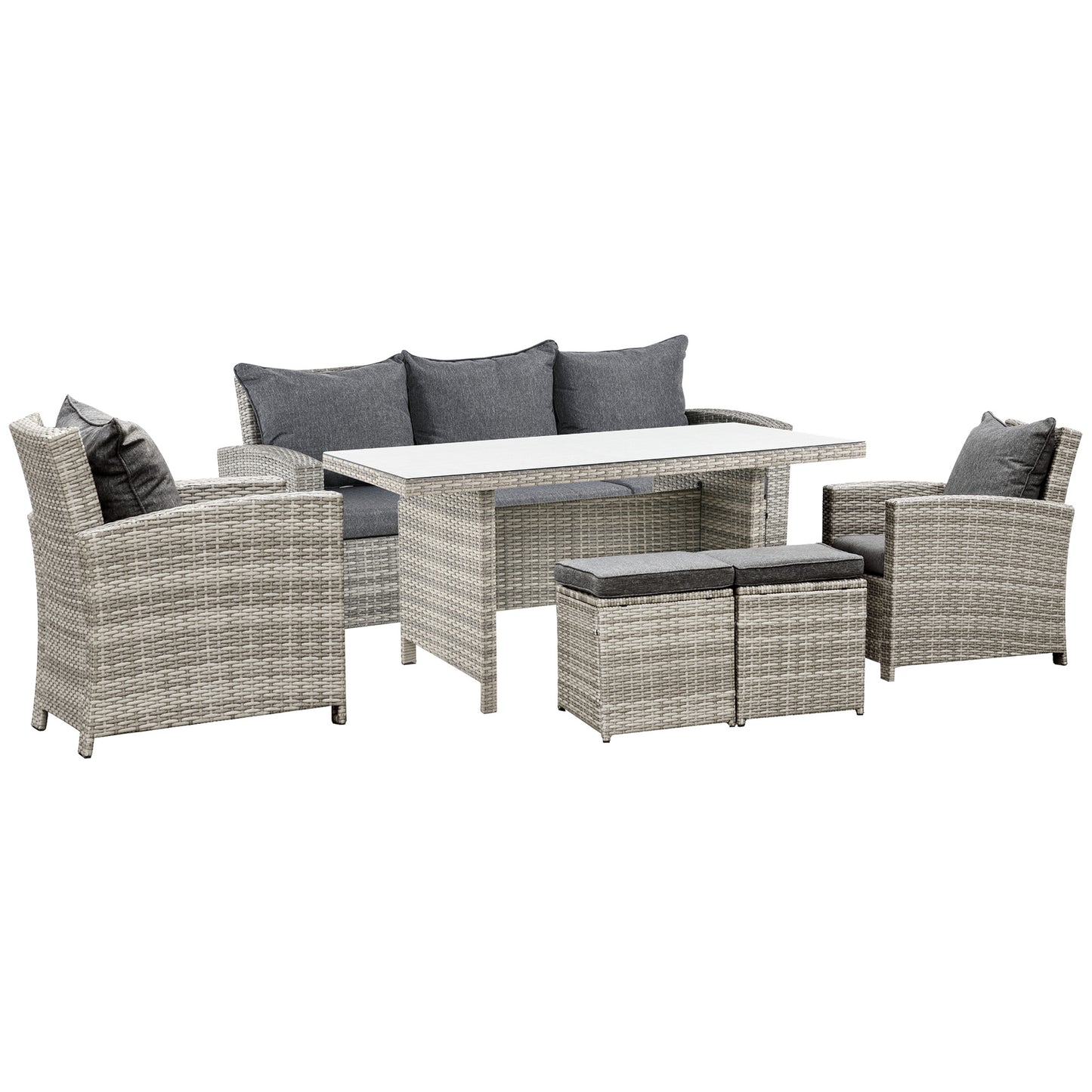 6Pcs Rattan Set Coffee Table Footstool Outdoor w/ Cushion Light Grey