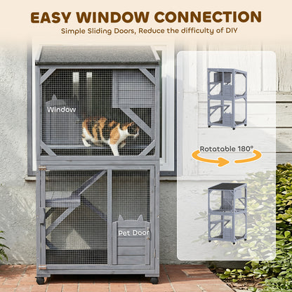 Outdoor Catio Cat House, Movable Wooden Cat Enclosure on Exercise Wheels with Resting Box, 3  Platforms, Large Kitty Cage with Waterproof Asphalt Roof for Outdoor Indoor, for 2 Kittens