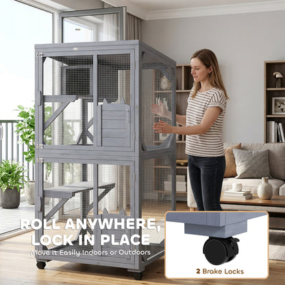 Outdoor Catio Cat House, Movable Wooden Cat Enclosure on Exercise Wheels with Resting Box, 3  Platforms, Large Kitty Cage with Waterproof Asphalt Roof for Outdoor Indoor, for 2 Kittens
