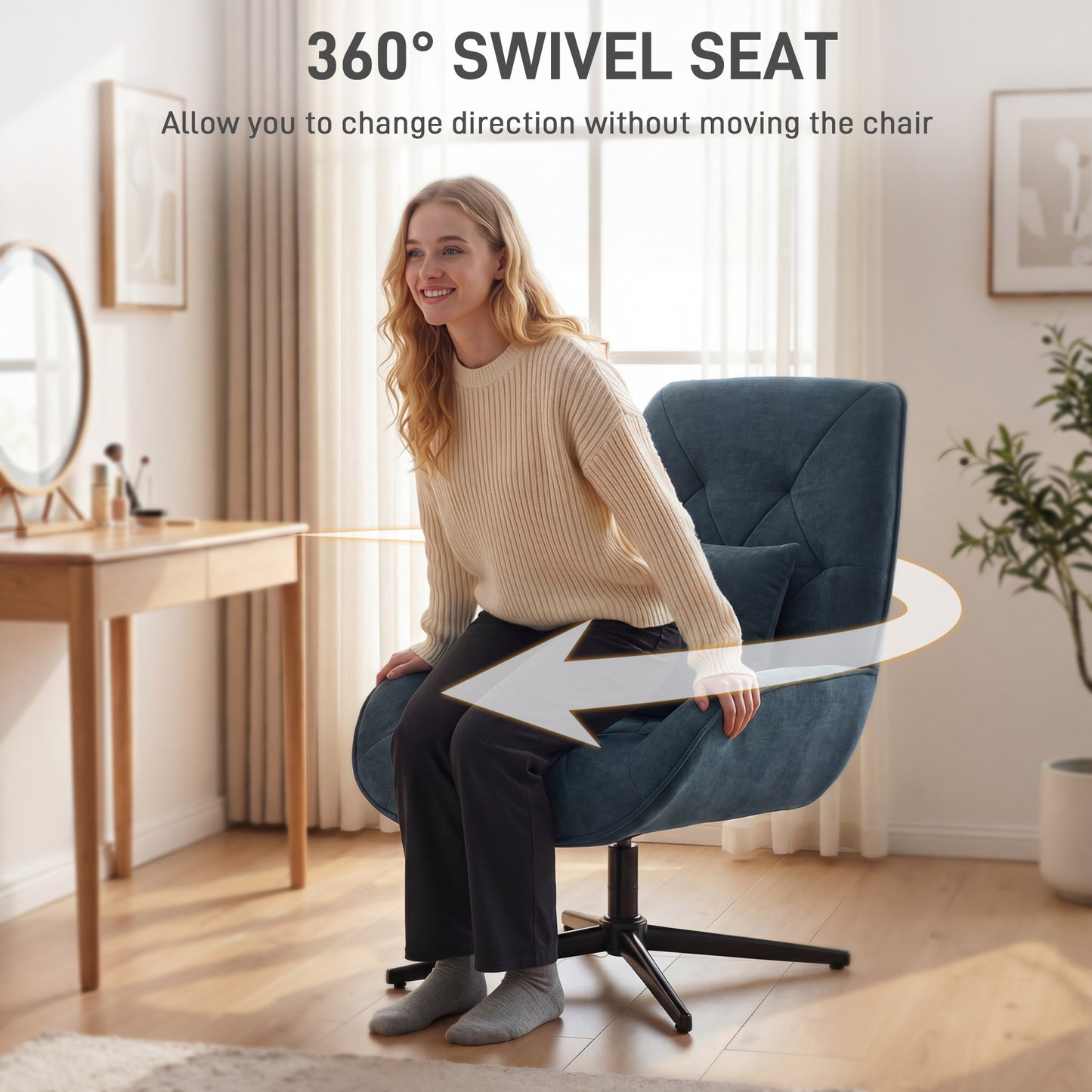 Swivel Accent Chair, Chenille Armchair with Lumbar Pillow, Dark Green