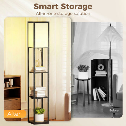 3-Tier Floor Lamp with Shelves and Storage, Modern Corner Standing Lamp with Lampshade, Reading Light with Foot Switch for Living Room, Bedroom, Home Office, LED Bulb Included, Black