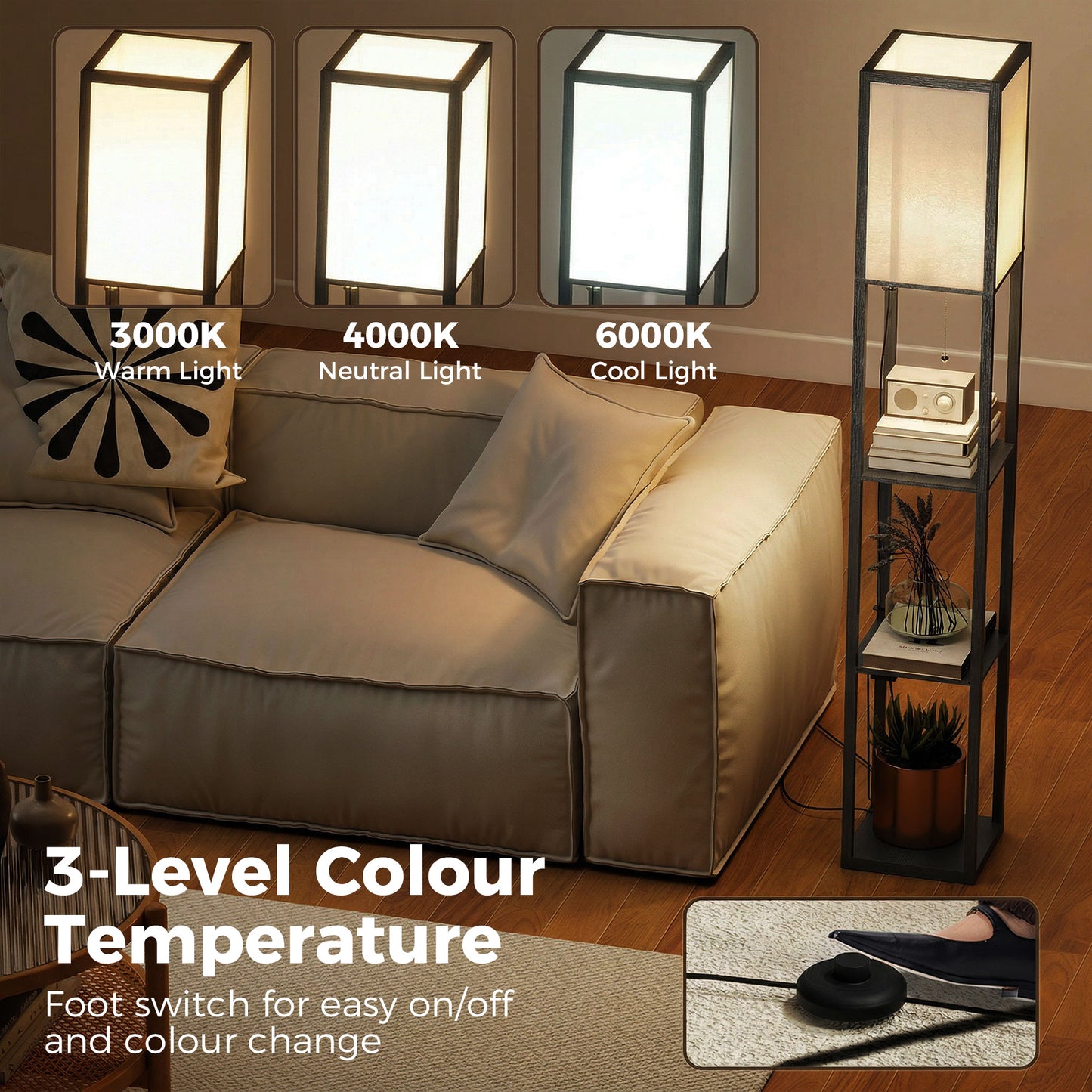 3-Tier Floor Lamp with Shelves and Storage, Modern Corner Standing Lamp with Lampshade, Reading Light with Foot Switch for Living Room, Bedroom, Home Office, LED Bulb Included, Black
