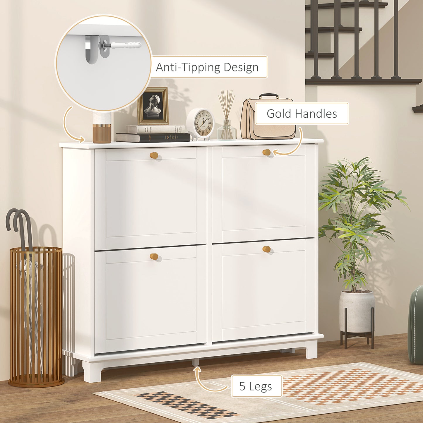 Narrow Shoe Cabinet with 4 Flip Drawers Adjustable Shelves, White