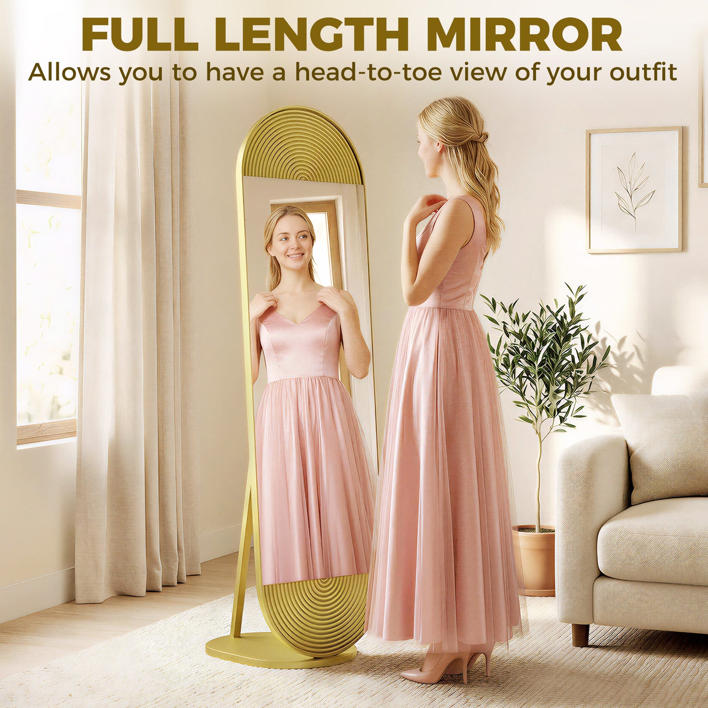 Wavy Full Length Mirror with Metal Frame and Base, Gold Tone