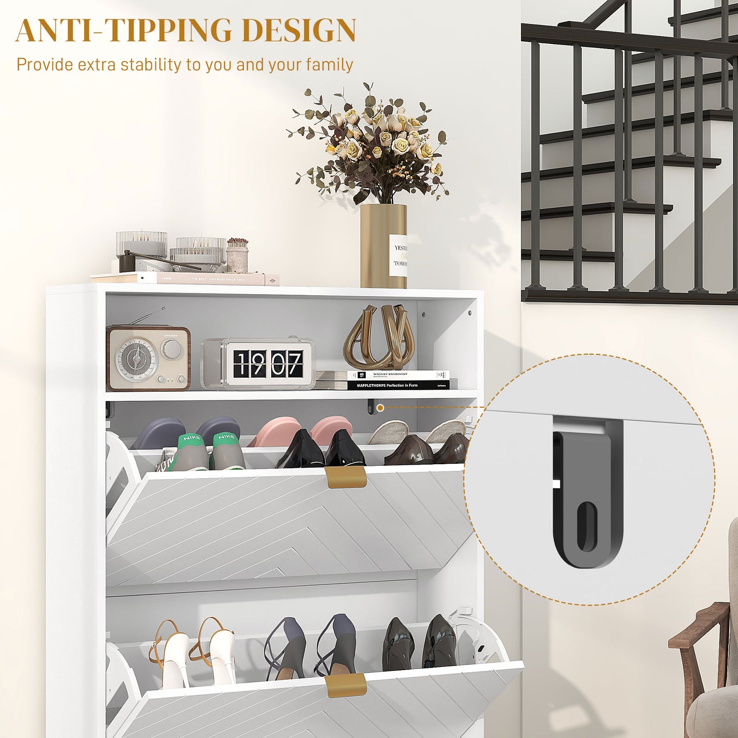 Narrow Shoe Storage Cabinet with 2 Flip Drawers for 12 Pairs of Shoes