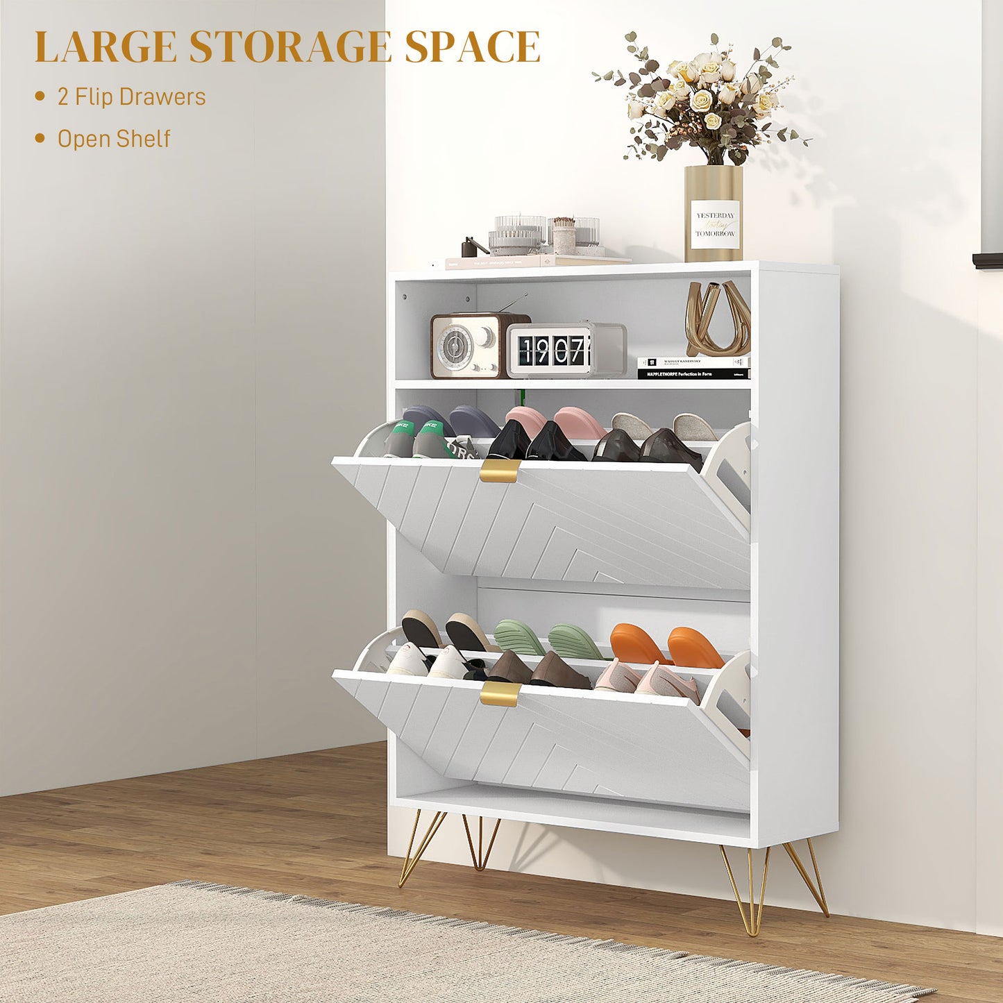 Narrow Shoe Storage Cabinet with 2 Flip Drawers for 12 Pairs of Shoes