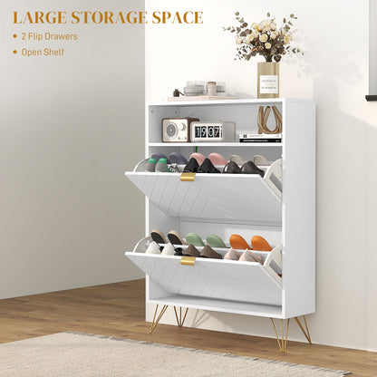 Narrow Shoe Storage Cabinet with 2 Flip Drawers for 12 Pairs of Shoes