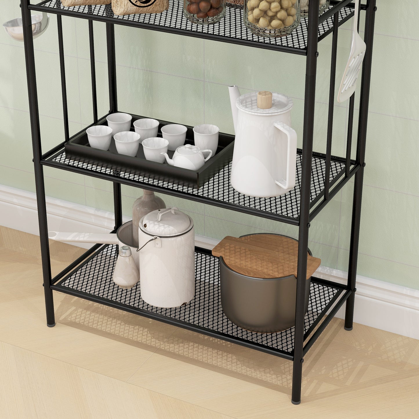 5-Tier Kitchen Storage Unit, Microwave Stand with Open Shelves and Hooks